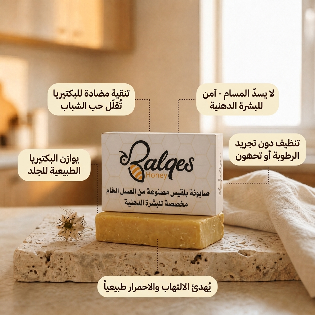 صابونة بلقيس للبشرة الدهنية - صابون طبيعي بالعسل وشمع النحل لتنقية البشرة